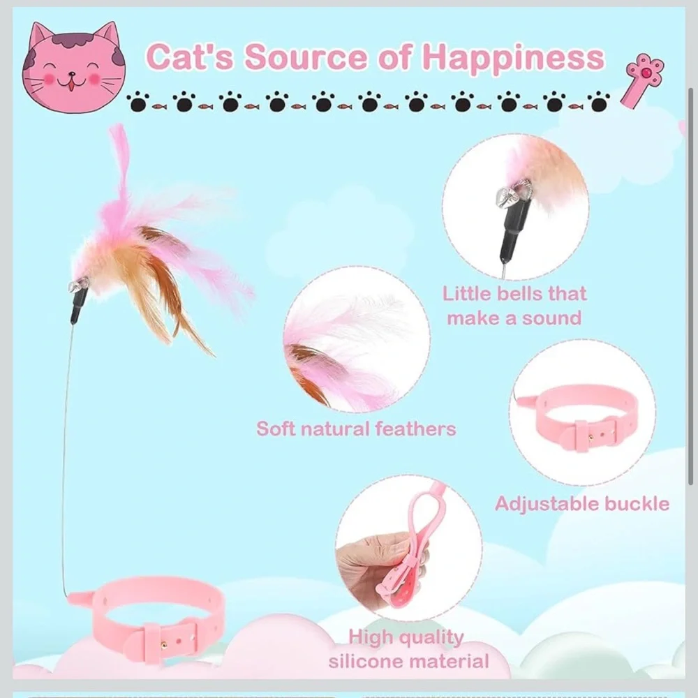 NWT (2) Cat Collar Toy Adjustable Feather Neck Teasing Silicone Bell